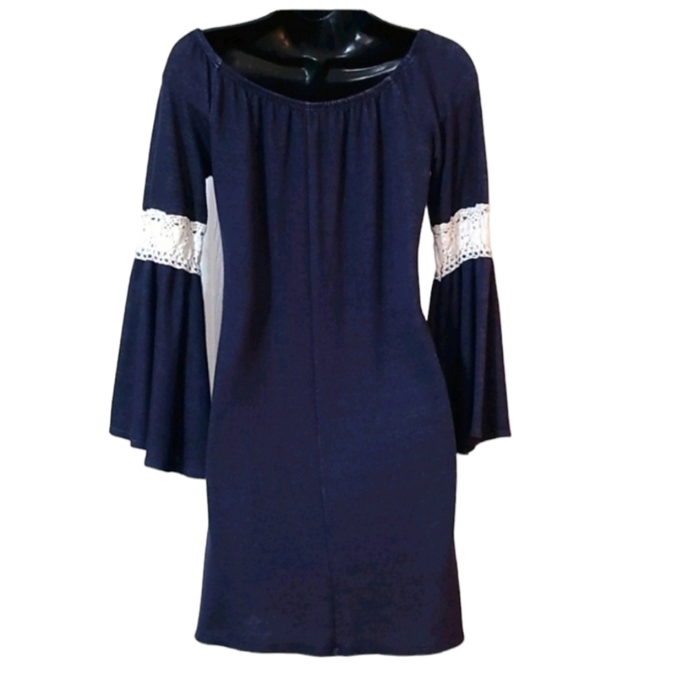 Dice Navy Crochet-Trim Bell Sleeve Mini Dress - Picture 4 of 9